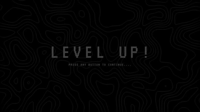 Level Up Pixelated white text on black background with topographic contour lines. Ideal for video game screen overlays or futuristic digital designs.