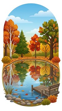 Autumn forest lake scene with wooden dock and tree reflections