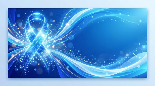 Blue Awareness Ribbon with Glowing Waves and Particles.