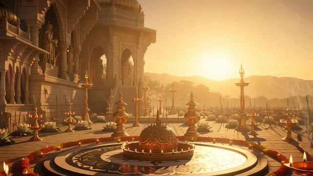 Traditional Indian Temple Courtyard Decorated with Glowing Oil Lamps