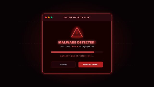 System security alert malware detected popup window animation video. Red critical threat warning for cyber protection UI motion graphic templates
