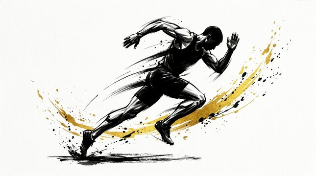 Sumi-e style illustration of a sprinter running with gold splashes