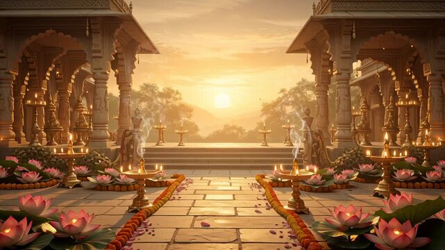 Traditional Temple Courtyard Decorated for Celebration at Golden Sunset