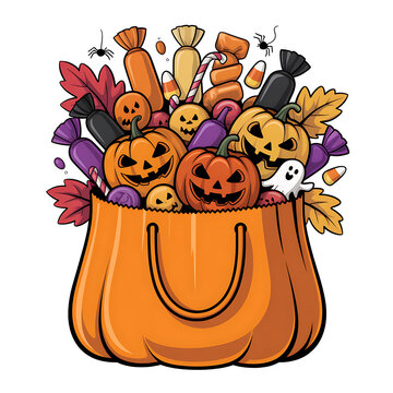 A bountiful orange bag overflowing with Halloween treats and decorations