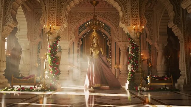 Ornate interior temple hall featuring a golden statue and brass oil lamps