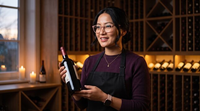 Generative AI, Asian female sommelier presenting a bottle of wine in a wine cellar