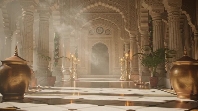 Traditional Indian Temple Interior with Golden Lamps and Incense Smoke