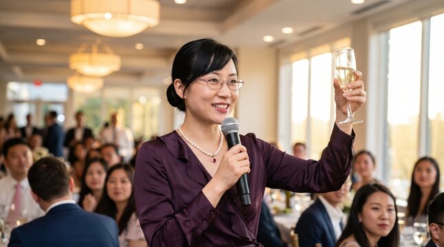 Generative AI, Asian woman giving a toast with champagne at a celebration banquet