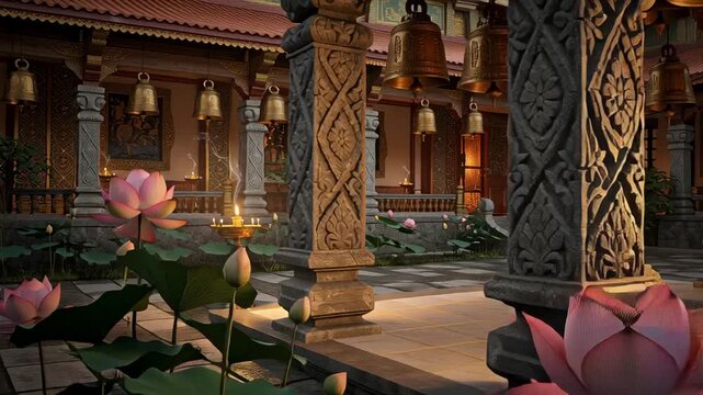 Peaceful Traditional Temple Courtyard with Hanging Bells and Lotus Flowers