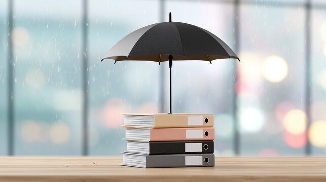 Black Umbrella Protecting Stack Of Office Binders On Wooden Desk Rainy Background


