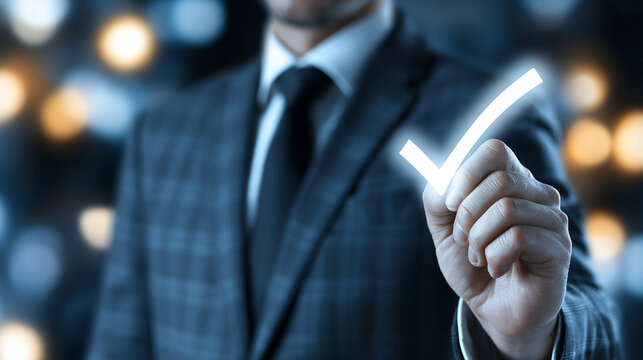 Businessman Drawing Glowing Check Mark Symbol For Approved Inspection Concept Visual
