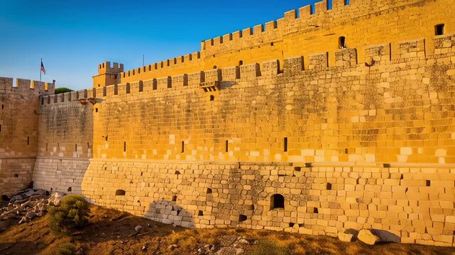 Historic fortress walls and stone towers under golden hour sunlight