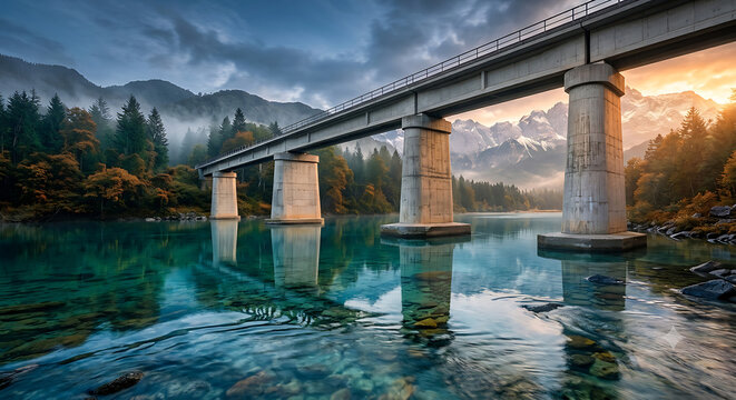 Grand Railway Bridge Over Pristine Alpine Lake: A majestic concrete railway bridge with sturdy pillars spans across a crystal-clear alpine lake, reflecting the surrounding lush green forest.
