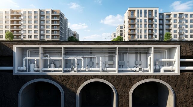 Cross section view of an underground city sewer system beneath urban buildings with realistic layers.