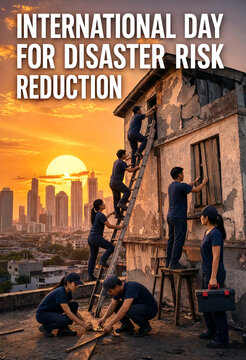 Team of volunteers repairing an old building during sunset for disaster risk reduction awareness campaign