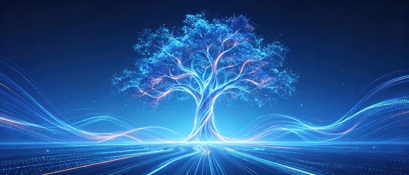 Glowing blue digital tree made of connected glowing light particles and wavy light lines on dark background represents abstract tech concept of digital growth and future energy