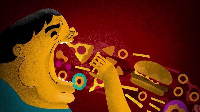 man binge eating junk food compulsively