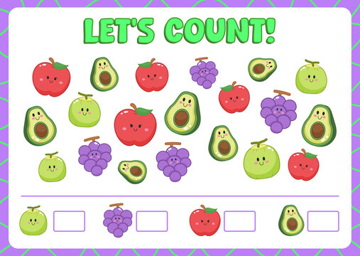 kids counting fruits worksheet avocado coconut apple grapes