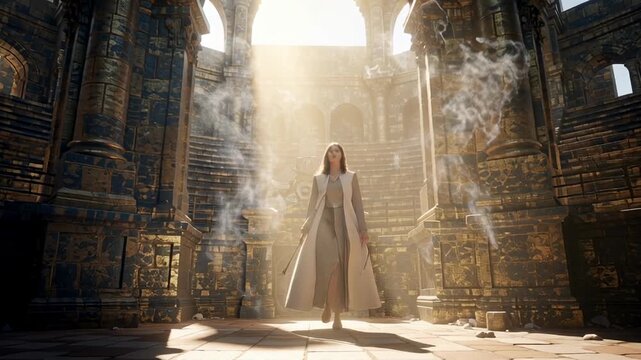 Person Walking Through Ancient Stone Arena Under Bright Sunlight