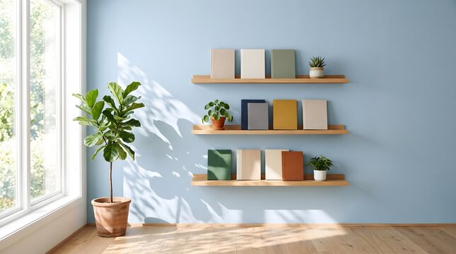 Modern interior wall with wooden floating shelves decorated with books and potted plants in a bright sunlit living room space