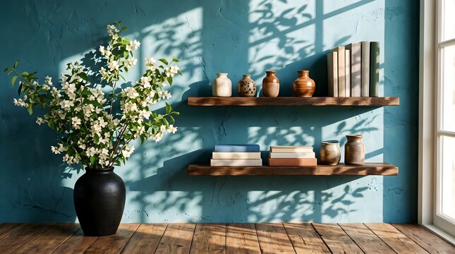 Modern living room interior with rustic wooden shelves on a blue wall decorated with books and vases and indoor plants