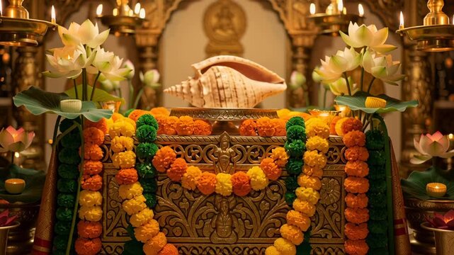 Sacred conch shell resting on an ornate altar with floral offerings