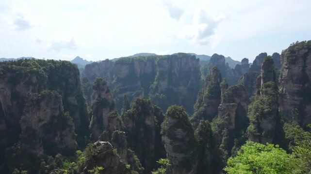 Majestic view of the unique quartz sandstone pillars in Yuanjiajie, China