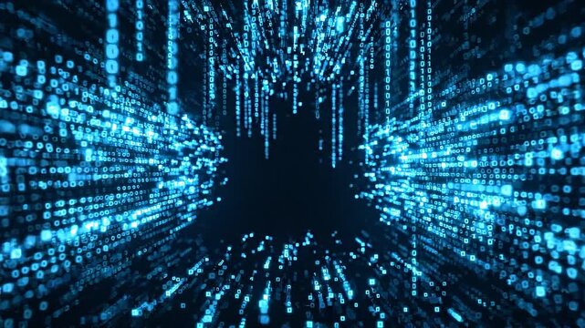 Cyan Digital Data Streams Slowly Descending Center Negative Space Crisp Blue Lighting Technology