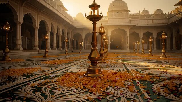 Golden sunset light illuminates a stone courtyard decorated with flowers
