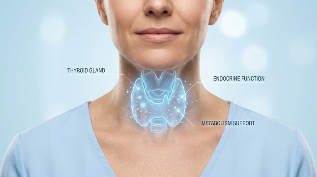 Thyroid hormone balance concept showing a glowing gland illustration on a woman's neck for endocrine system function.