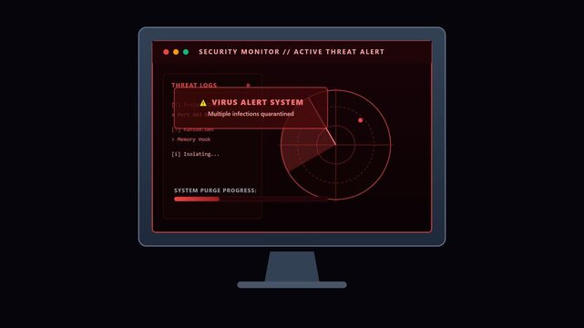 Security monitor active threat alert radar animation video. Red virus warning and cyber attack detection on computer screen UI motion graphic