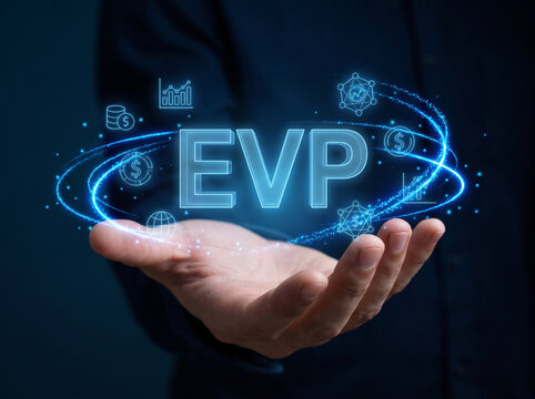 Business professional presenting a glowing EVP (Employee Value Proposition) concept with futuristic digital interface, HR technology, talent acquisition, employee engagement, and corporate branding.