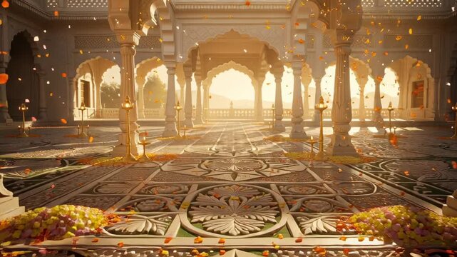 Ornate Indian Palace Interior With Falling Flower Petals And Glowing Lamps
