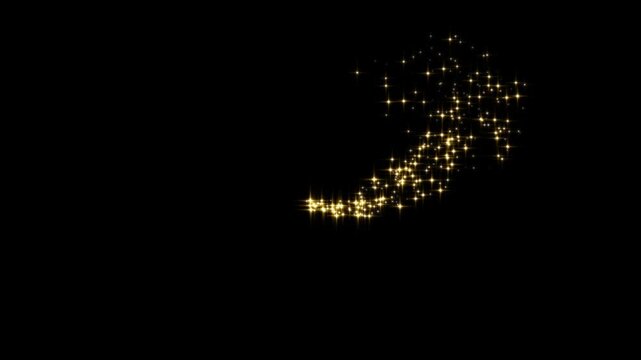 Golden sparkle stars glitters light trail transition overlay on black screen in 4K. Fairy dust wand glitter stars trail, shiny glowing gold star and bokeh lights motion graphic background