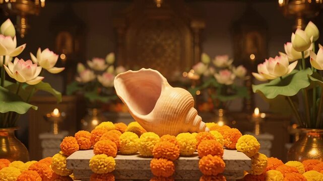 Traditional ornate altar with shell and marigold garlands for ceremony