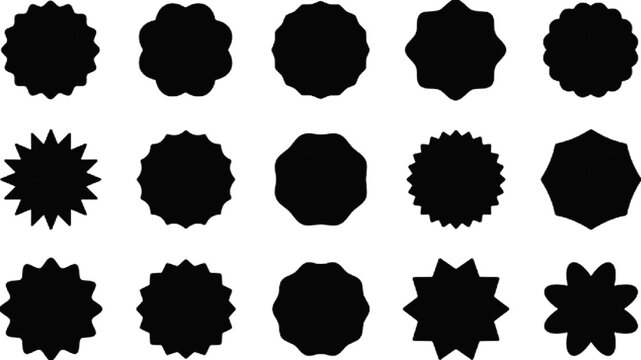 Set of black starburst and sunburst badge shapes