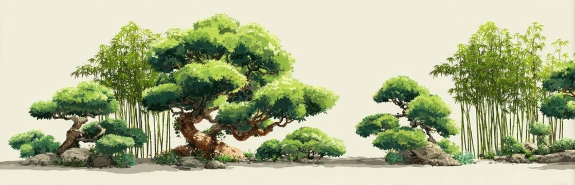 Bonsai trees and bamboo forest illustration on white background nature concept