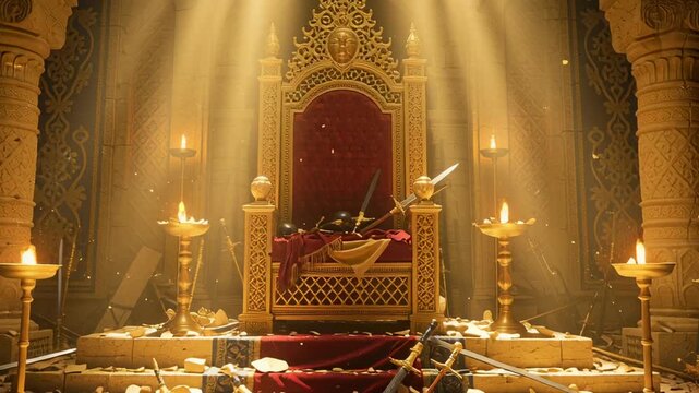 Empty ornate throne in an ancient hall with scattered swords and light