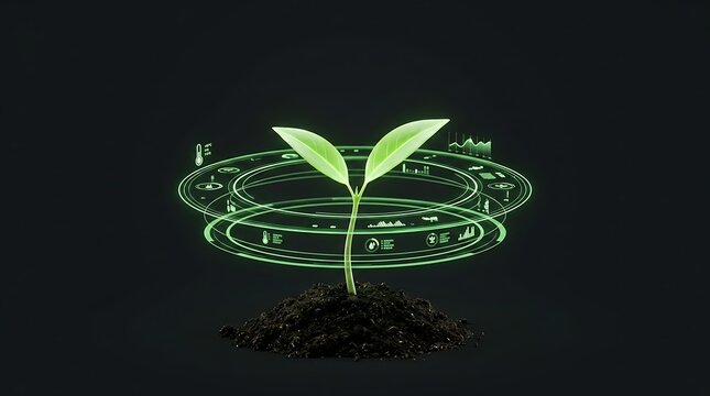 Green sprout emerging from soil with glowing futuristic data analytics interface