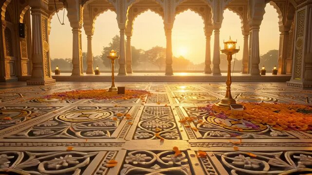 Golden Sunrise Over Ornamented Courtyard With Falling Flower Petals And Brass Lamps