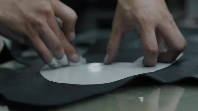 Hands tracing shoe patterns onto leather material in a workshop setting