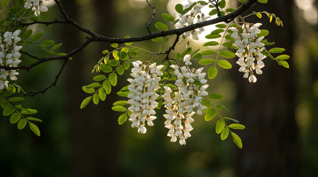 White clusters of acacia tree flowers blooming in spring sunlight with blooming sunlight outdoors