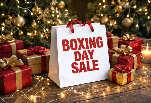 Festive boxing day sale shopping bag with wrapped gifts and christmas tree lights display