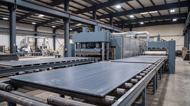 Wide view of heavy industrial machinery and metal sheets on a roller conveyor in a high-tech manufacturing plant.