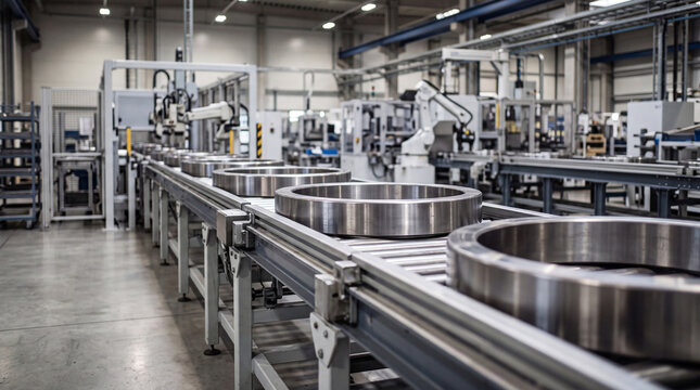 Precision manufactured large metal rings on an automated conveyor belt in a clean.