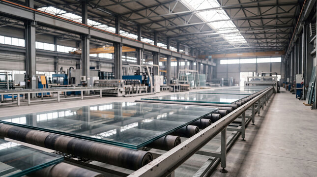 Large sheets of clear glass moving along a roller conveyor in a modern industrial glass factory.