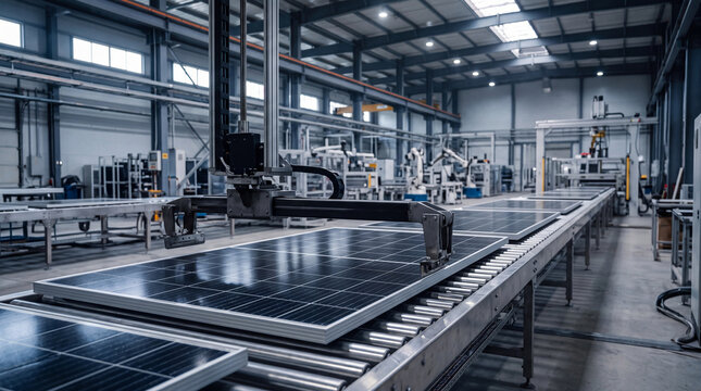 Automated manufacturing process of solar panels on a conveyor belt within a modern, spacious factory with a robotic arm.