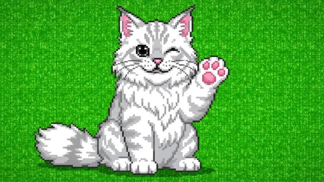 Pixel Art Fluffy White Cat Waving Paw. 4K Video
