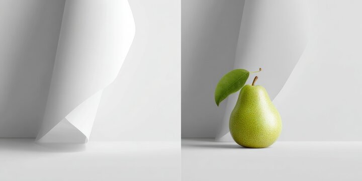 Green pear with leaf against white background studio shot fresh fruit concept