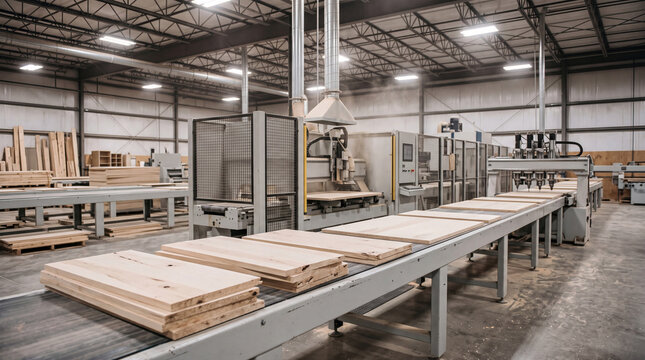 Freshly cut wooden planks moving along a conveyor belt in a large, modern woodworking factory production line.